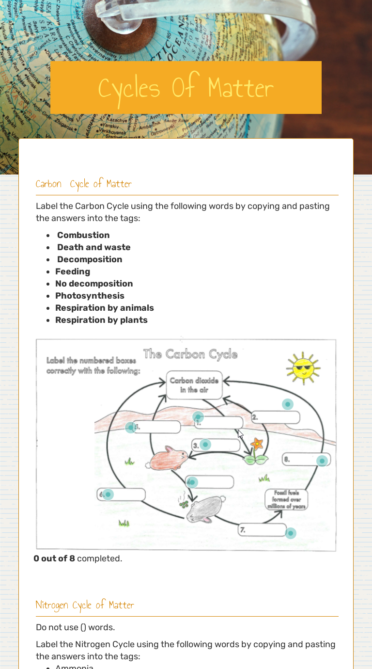 Cycles Of Matter  Interactive Worksheet by Maricela Stroud  Wizer.me Inside Nitrogen Cycle Worksheet Answers