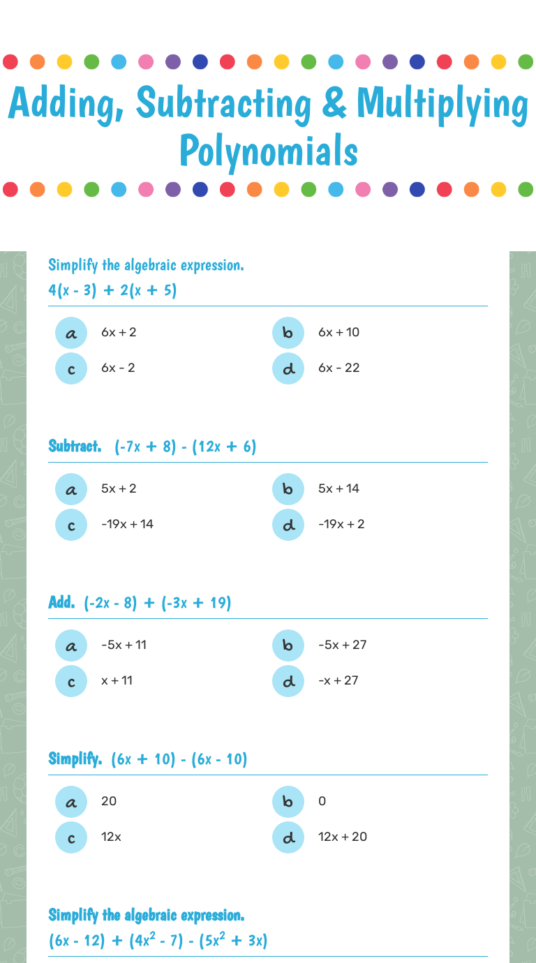 Adding, Subtracting & Multiplying Polynomials | Interactive Worksheet ...