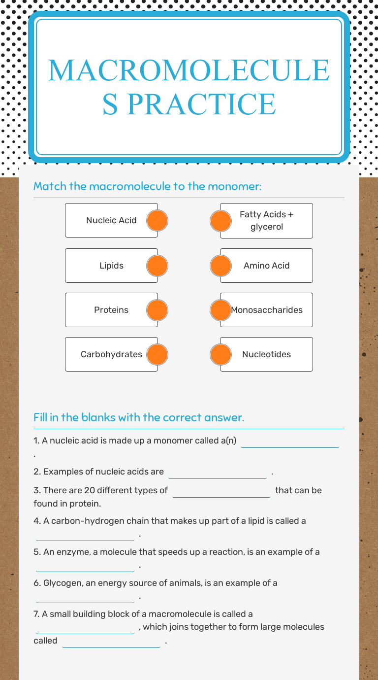 Macromolecules Practice  Interactive Worksheet by Jaime Ledbetter Pertaining To Lipids Worksheet Answer Key