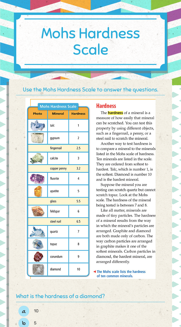 Mohs Hardness Scale | Interactive Worksheet By Colleen Antal | Wizer.me