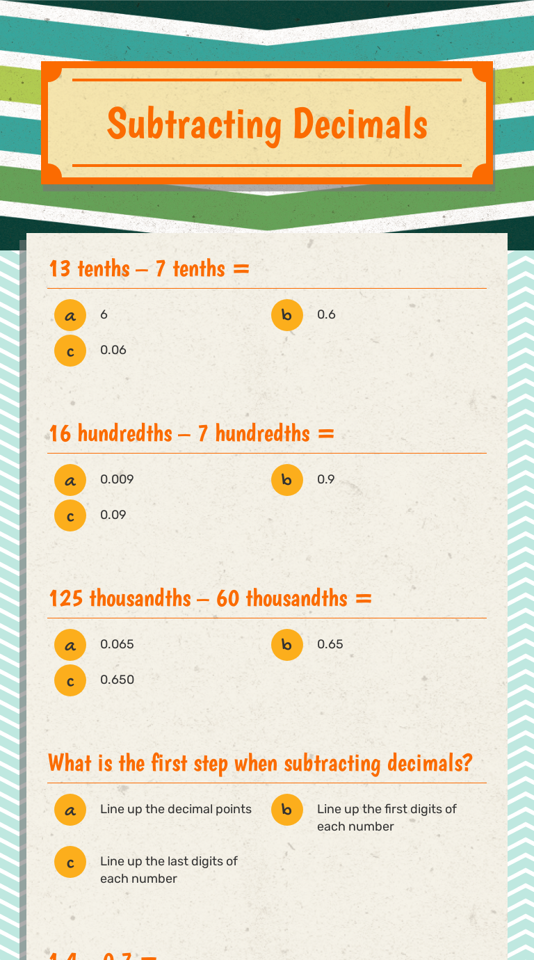 Subtracting Decimals Grade 5 worksheet preview