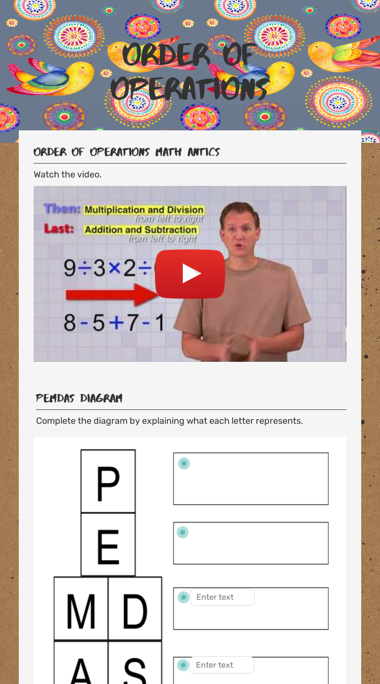 Order of operations Grade 6 worksheet preview
